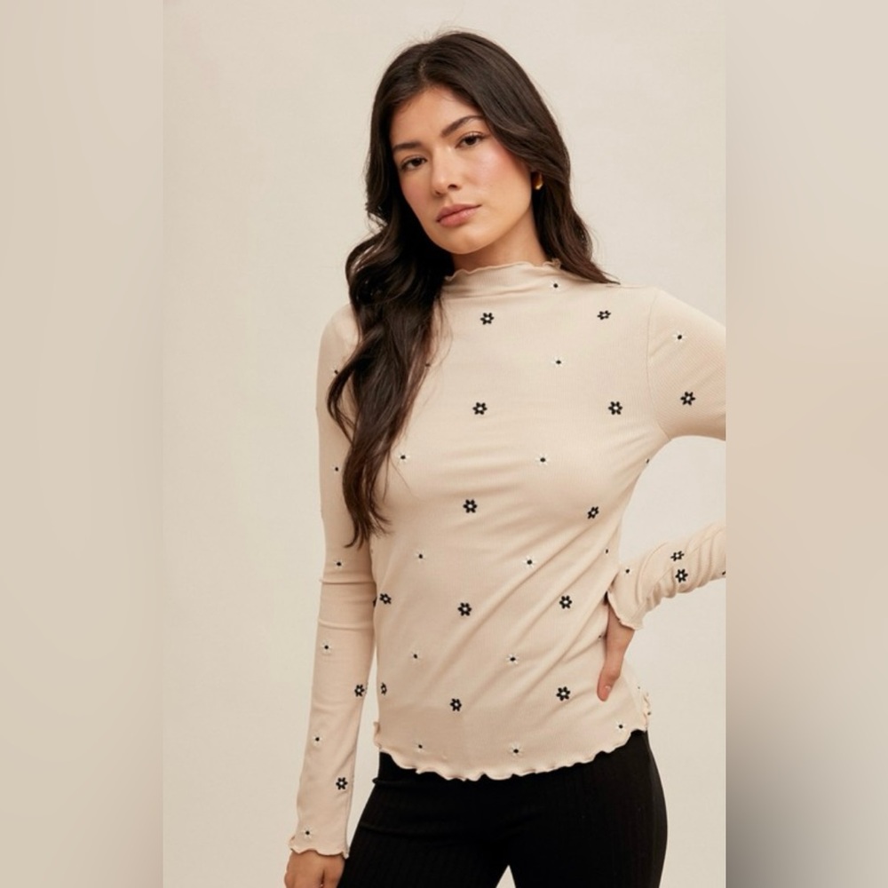 New Hem & Thread Embroidered Mock Neck Ribbed Cabbage Hem Top